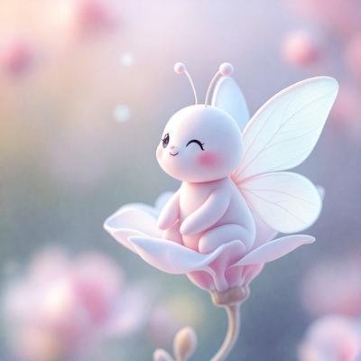 The primary subject of the image is a small, cute, and colorful butterfly figurine. It is sitting on top of a pink flower, which serves as the setting or background. The visual style of the image is digital art, as it is a well-crafted and detailed illustration. The colors and mood of the image are predominantly pink and cheerful, creating a warm and inviting atmosphere.